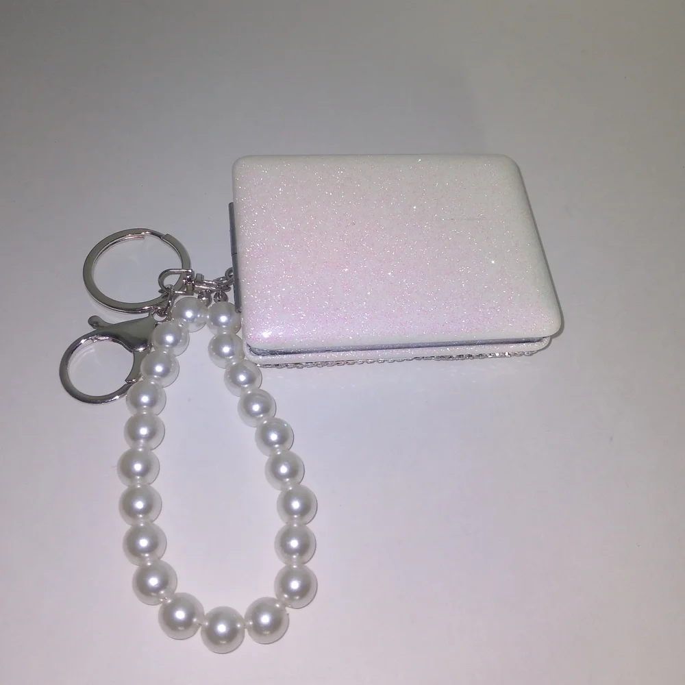 Sparkling Silver Cherry Keychain Mirror with Pearl Handle